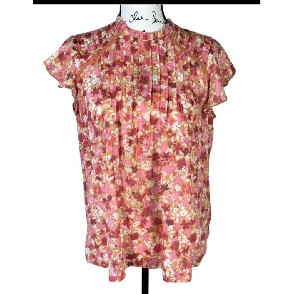 Nanette Lepore Pleated Floral Blouse Pink Orange White Size M Short Sleeve Lace‎